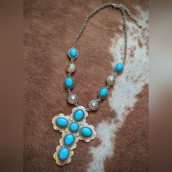 New Imitation Blue Turquoise Stone Cross Pendant Necklace - Picture 1 of 8